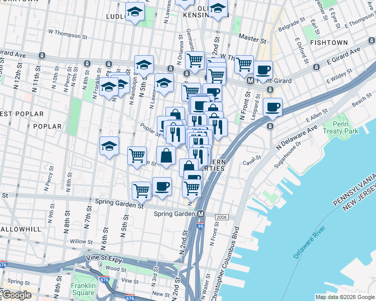 map of restaurants, bars, coffee shops, grocery stores, and more near 841 North 2nd Street in Philadelphia