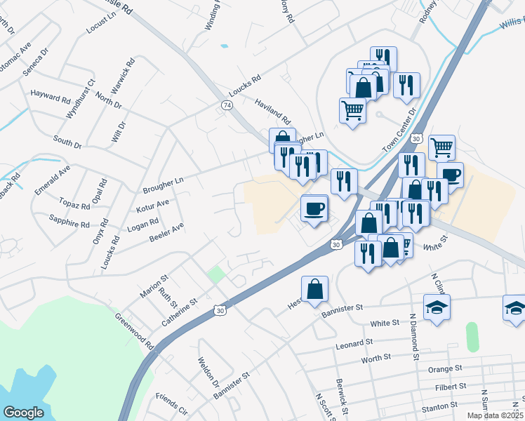 map of restaurants, bars, coffee shops, grocery stores, and more near 2251 York Crossing Drive in York