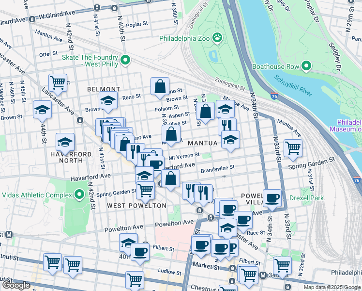 map of restaurants, bars, coffee shops, grocery stores, and more near 3827 Wallace Street in Philadelphia