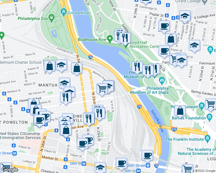 map of restaurants, bars, coffee shops, grocery stores, and more near 3103 Haverford Avenue in Philadelphia