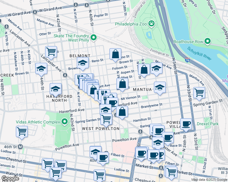 map of restaurants, bars, coffee shops, grocery stores, and more near 3914 Melon Street in Philadelphia
