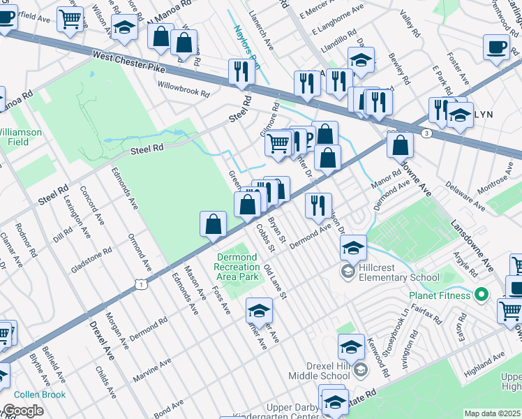map of restaurants, bars, coffee shops, grocery stores, and more near 2806 Township Line Road in Drexel Hill