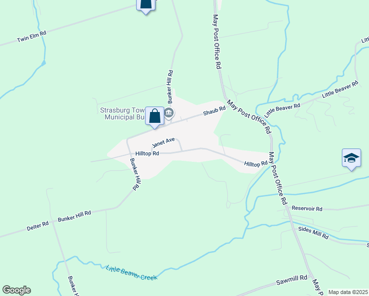 map of restaurants, bars, coffee shops, grocery stores, and more near 339 Hilltop Road in Strasburg
