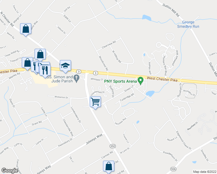 map of restaurants, bars, coffee shops, grocery stores, and more near 1308 Halifax Court in West Chester