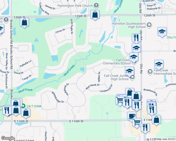 map of restaurants, bars, coffee shops, grocery stores, and more near 12125 Gray Eagle Drive in Fishers