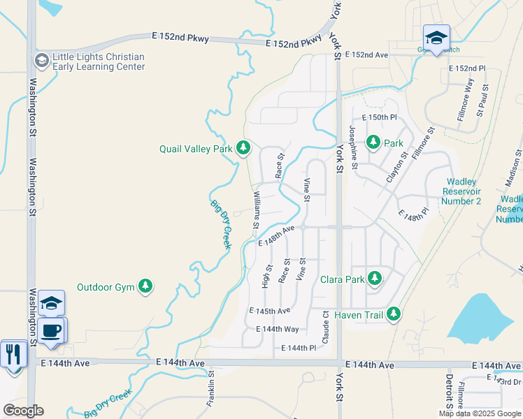 map of restaurants, bars, coffee shops, grocery stores, and more near 1967 East 148th Place in Thornton