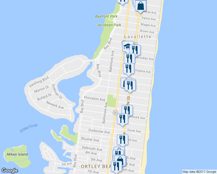 map of restaurants, bars, coffee shops, grocery stores, and more near 1901 Baltimore Avenue in Lavallette