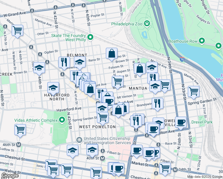 map of restaurants, bars, coffee shops, grocery stores, and more near 3908 Melon Street in Philadelphia