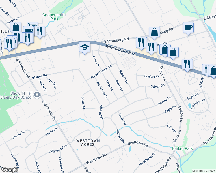 map of restaurants, bars, coffee shops, grocery stores, and more near 310 Penn Lane in West Chester