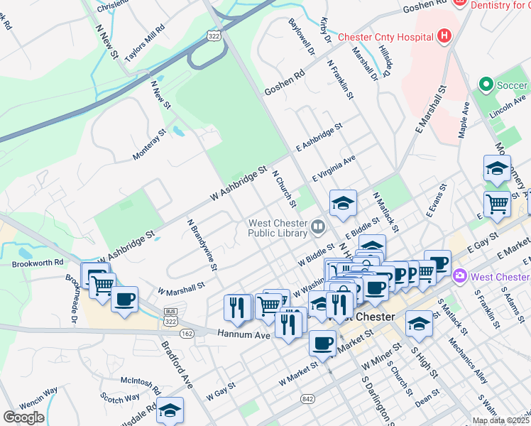 map of restaurants, bars, coffee shops, grocery stores, and more near 200 West Virginia Avenue in West Chester