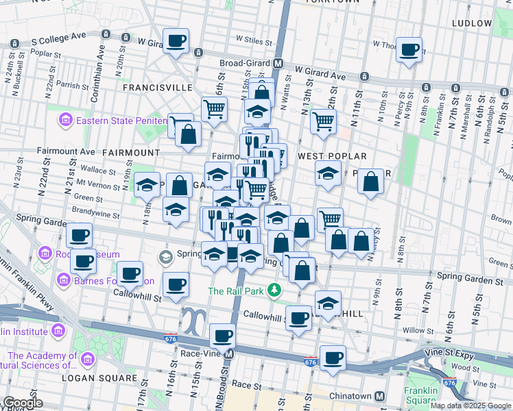map of restaurants, bars, coffee shops, grocery stores, and more near 631 North Broad Street in Philadelphia