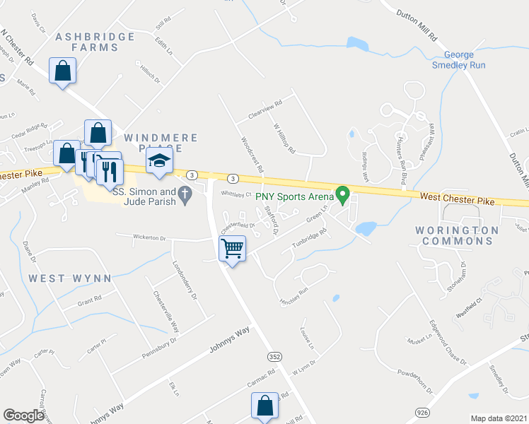 map of restaurants, bars, coffee shops, grocery stores, and more near 1308 Halifax Court in West Chester