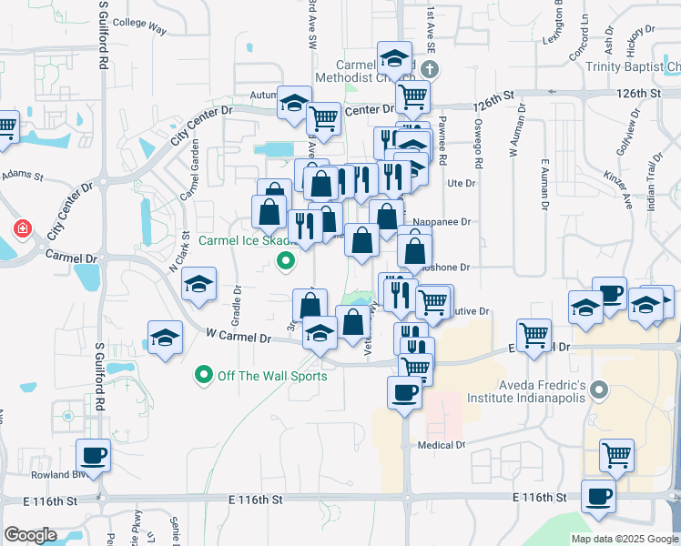 map of restaurants, bars, coffee shops, grocery stores, and more near 1017 3rd Avenue Southwest in Carmel