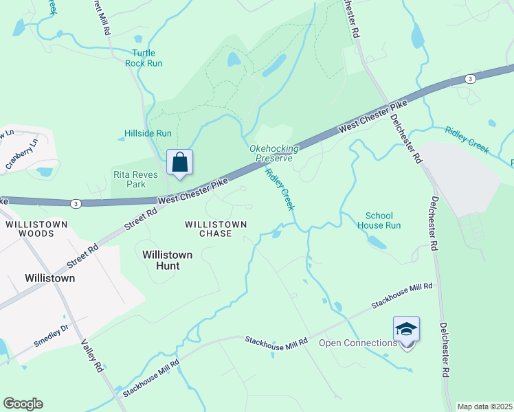 map of restaurants, bars, coffee shops, grocery stores, and more near 2704 Sage Wood Drive in Newtown Square