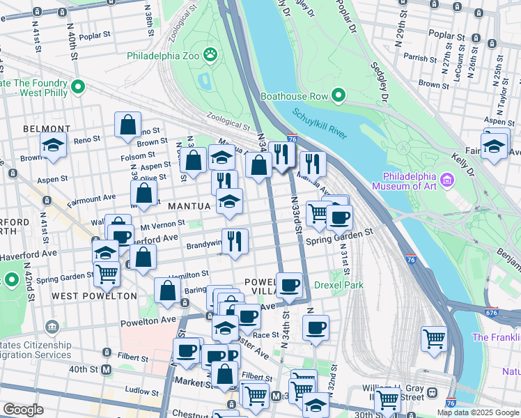 map of restaurants, bars, coffee shops, grocery stores, and more near 3423 Mount Vernon Street in Philadelphia