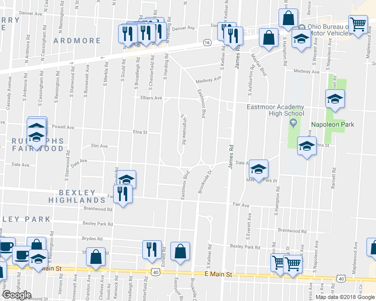 map of restaurants, bars, coffee shops, grocery stores, and more near 320 South Virginialee Road in Columbus