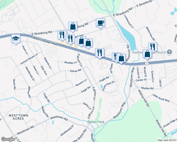map of restaurants, bars, coffee shops, grocery stores, and more near 3303 Valley Drive in West Chester