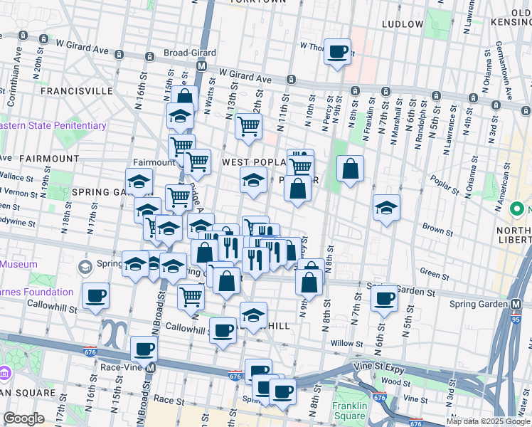 map of restaurants, bars, coffee shops, grocery stores, and more near 1522 N Street in Philadelphia