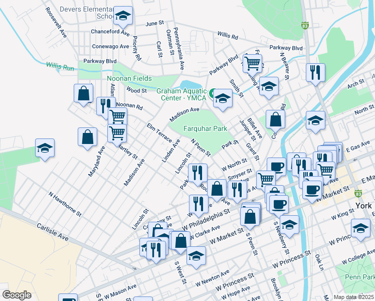 map of restaurants, bars, coffee shops, grocery stores, and more near 437 Lincoln Street in York
