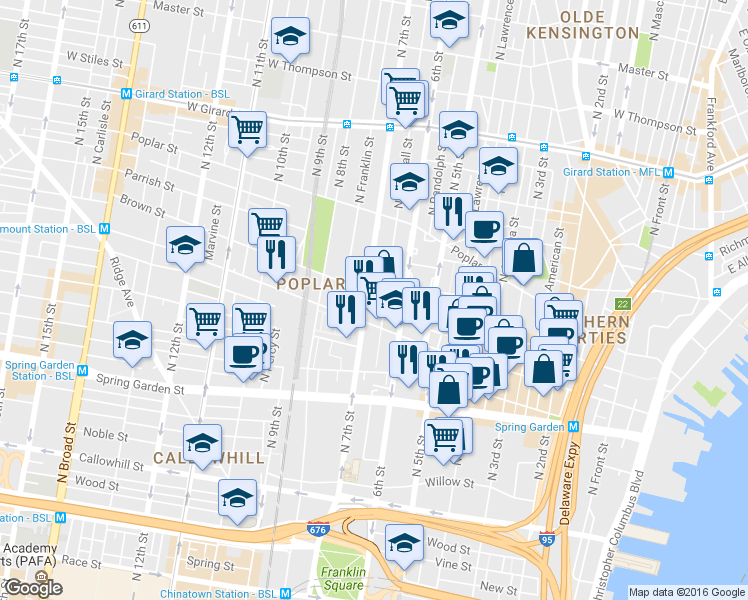 map of restaurants, bars, coffee shops, grocery stores, and more near 622 Brown St in Philadelphia