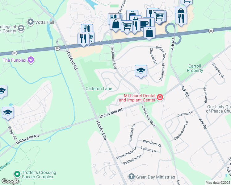 map of restaurants, bars, coffee shops, grocery stores, and more near 311 Carleton Lane in Mount Laurel Township