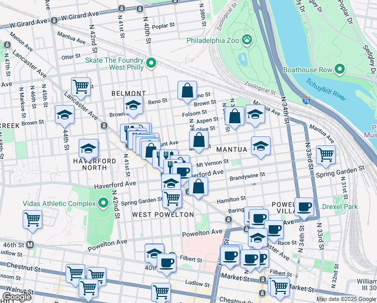 map of restaurants, bars, coffee shops, grocery stores, and more near 3904 Melon Street in Philadelphia