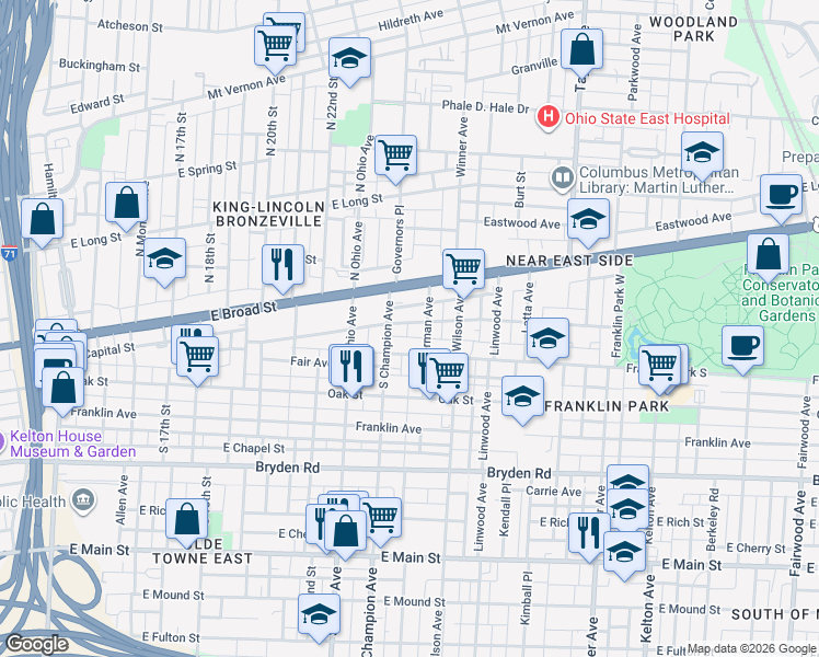 map of restaurants, bars, coffee shops, grocery stores, and more near 1223 Madison Avenue in Columbus