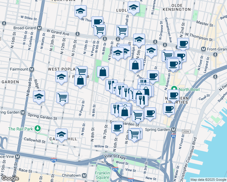 map of restaurants, bars, coffee shops, grocery stores, and more near 622 Brown St in Philadelphia