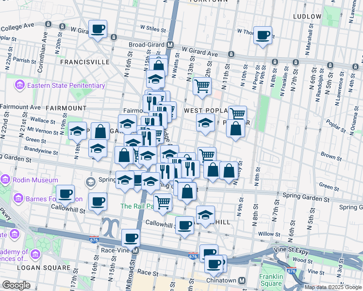 map of restaurants, bars, coffee shops, grocery stores, and more near 1230 Wallace Street in Philadelphia