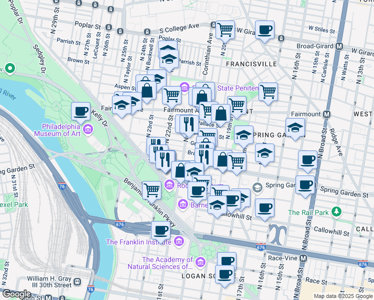 map of restaurants, bars, coffee shops, grocery stores, and more near 2059 Brandywine Street in Philadelphia