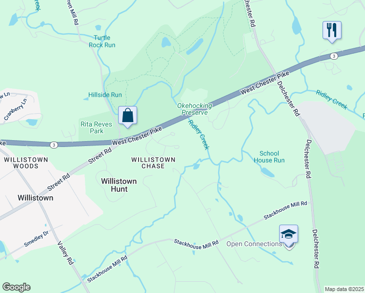 map of restaurants, bars, coffee shops, grocery stores, and more near 2704 Sage Wood Drive in Newtown Square