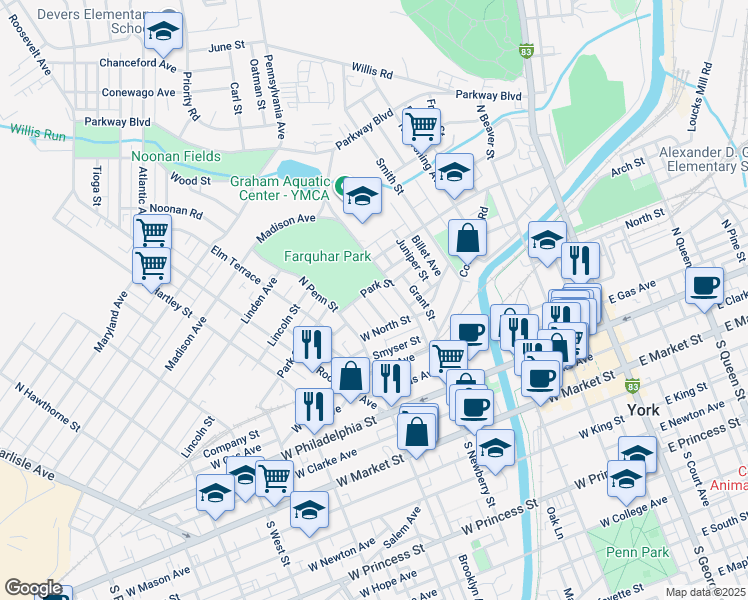 map of restaurants, bars, coffee shops, grocery stores, and more near 341 Garfield Street in York