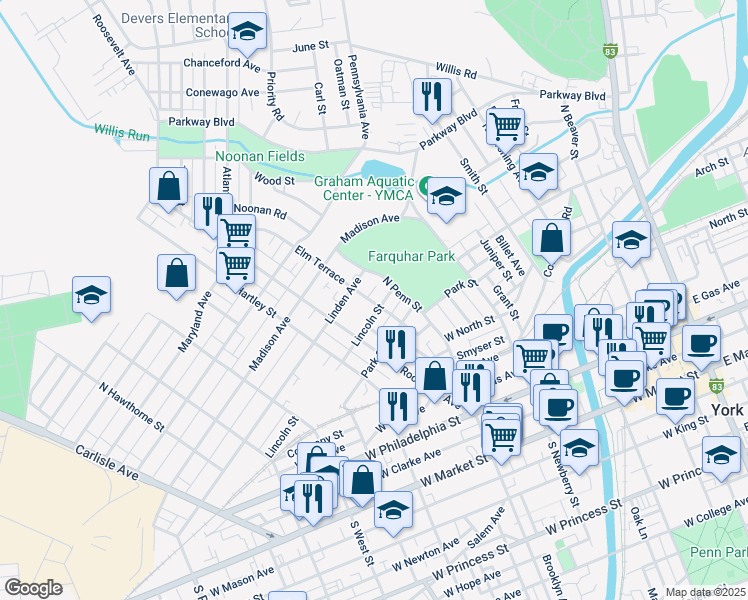 map of restaurants, bars, coffee shops, grocery stores, and more near 437 Lincoln Street in York