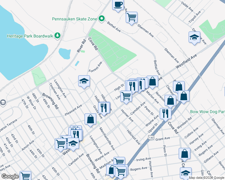 map of restaurants, bars, coffee shops, grocery stores, and more near 6113 High Street in Pennsauken Township