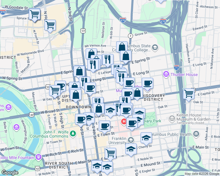 map of restaurants, bars, coffee shops, grocery stores, and more near 282 1/2 East Gay Street in Columbus