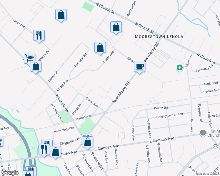 map of restaurants, bars, coffee shops, grocery stores, and more near 312 Andrews Lane in Moorestown