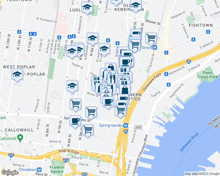 map of restaurants, bars, coffee shops, grocery stores, and more near 850 North 3rd Street in Philadelphia