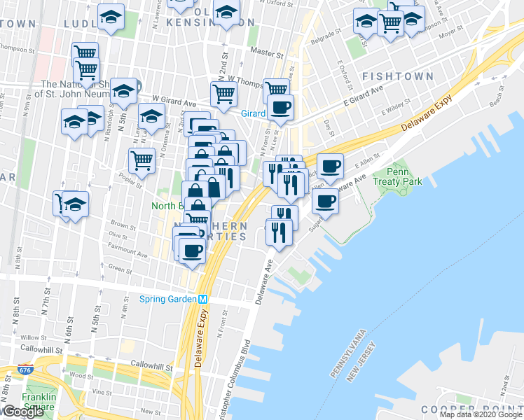map of restaurants, bars, coffee shops, grocery stores, and more near 82 West Laurel Street in Philadelphia