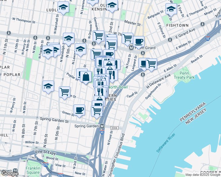 map of restaurants, bars, coffee shops, grocery stores, and more near 929 North Hancock Street in Philadelphia