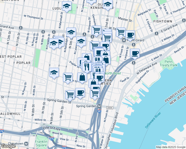 map of restaurants, bars, coffee shops, grocery stores, and more near 841 North 2nd Street in Philadelphia