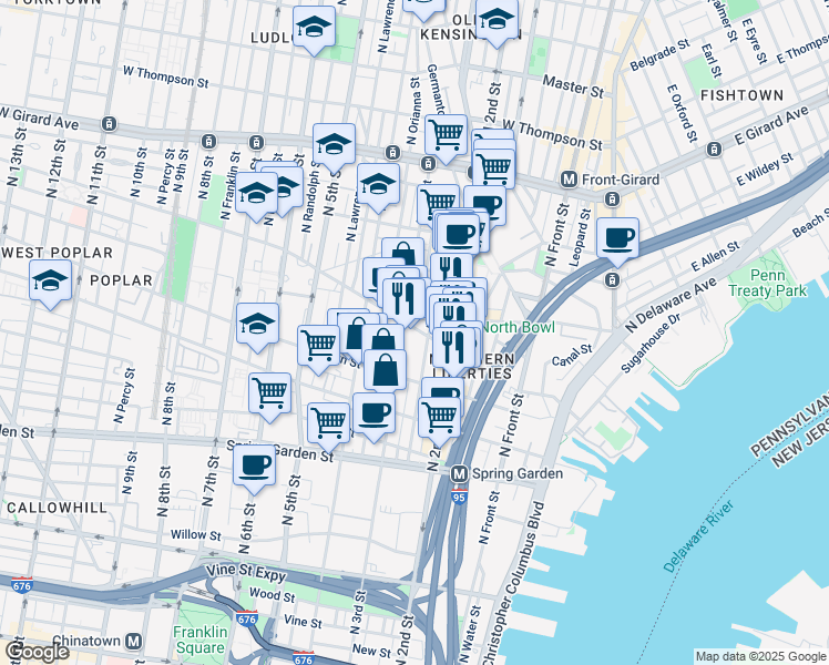 map of restaurants, bars, coffee shops, grocery stores, and more near 250 Poplar Street in Philadelphia