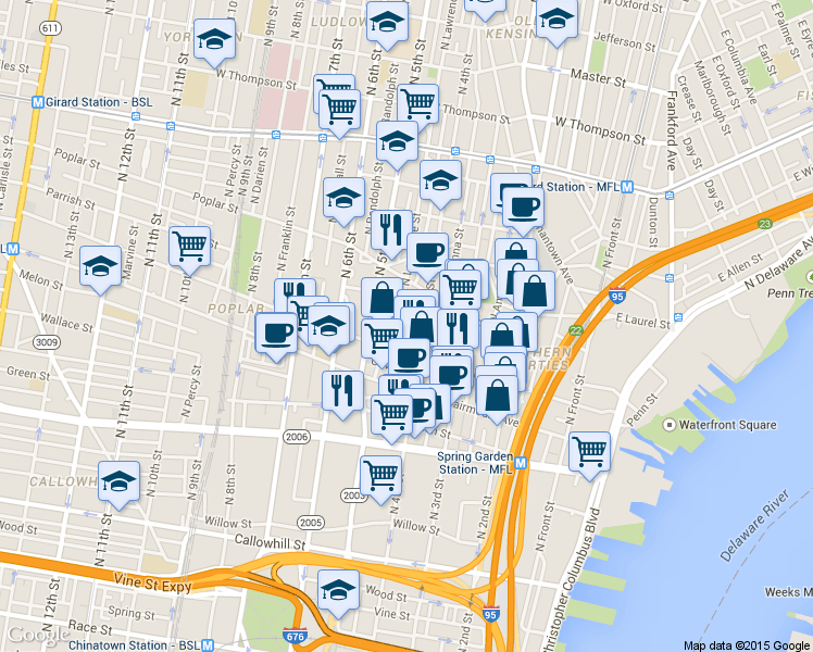 map of restaurants, bars, coffee shops, grocery stores, and more near in Philadelphia