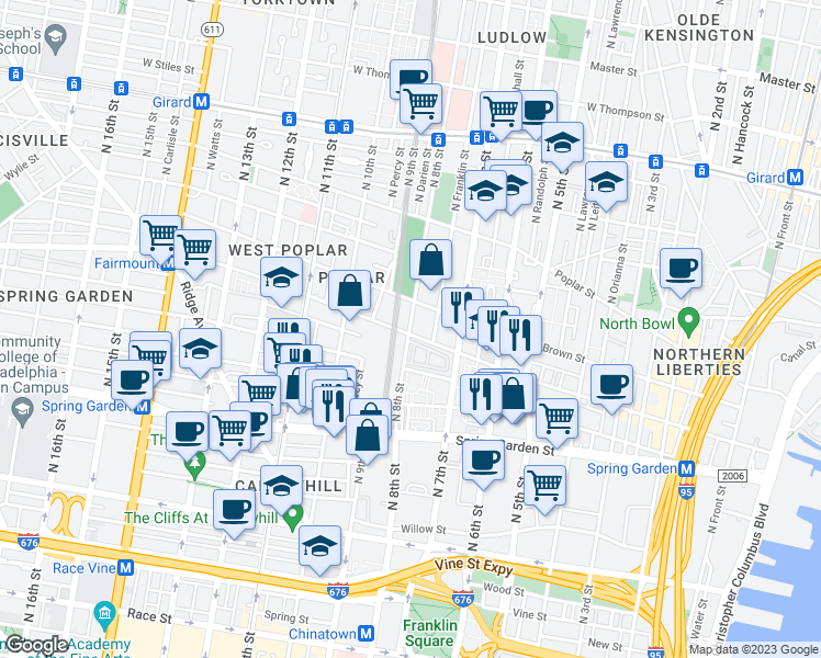 map of restaurants, bars, coffee shops, grocery stores, and more near 666 North 8th Street in Philadelphia