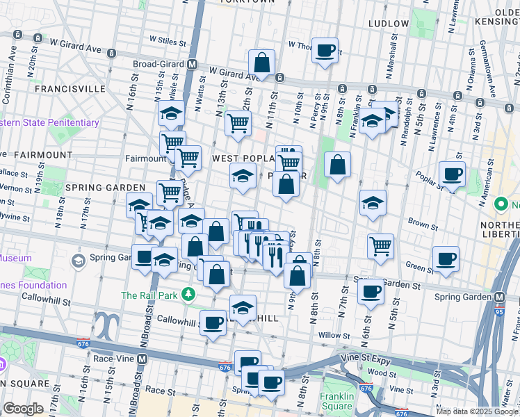 map of restaurants, bars, coffee shops, grocery stores, and more near 1001-11 Wallace Street in Philadelphia