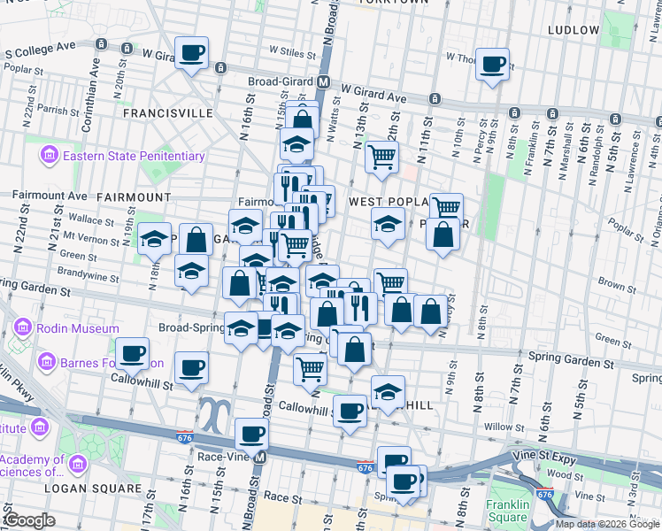 map of restaurants, bars, coffee shops, grocery stores, and more near 1315 Ridge Avenue in Philadelphia