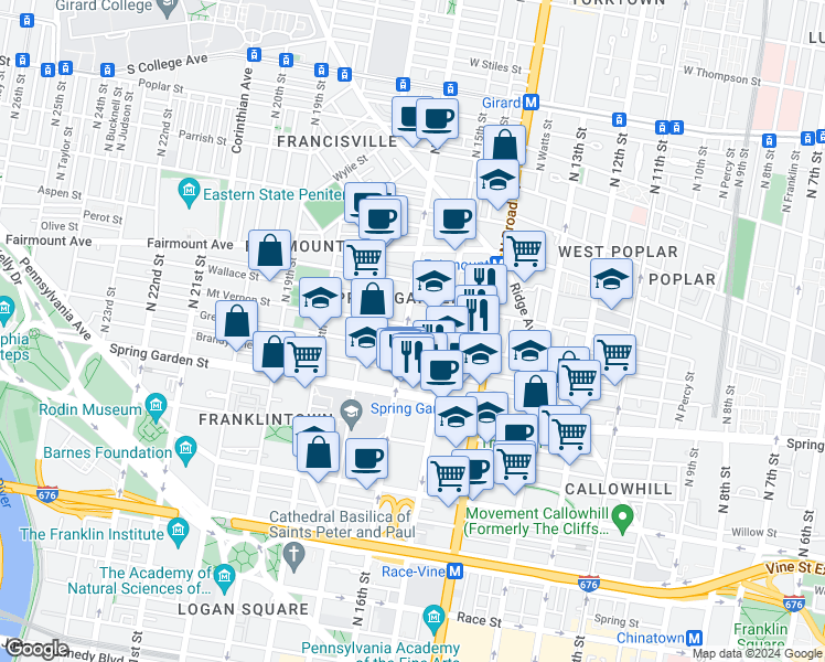 map of restaurants, bars, coffee shops, grocery stores, and more near 1520 Mount Vernon Street in Philadelphia