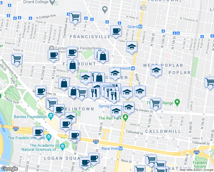 map of restaurants, bars, coffee shops, grocery stores, and more near 1619 Mount Vernon Street in Philadelphia