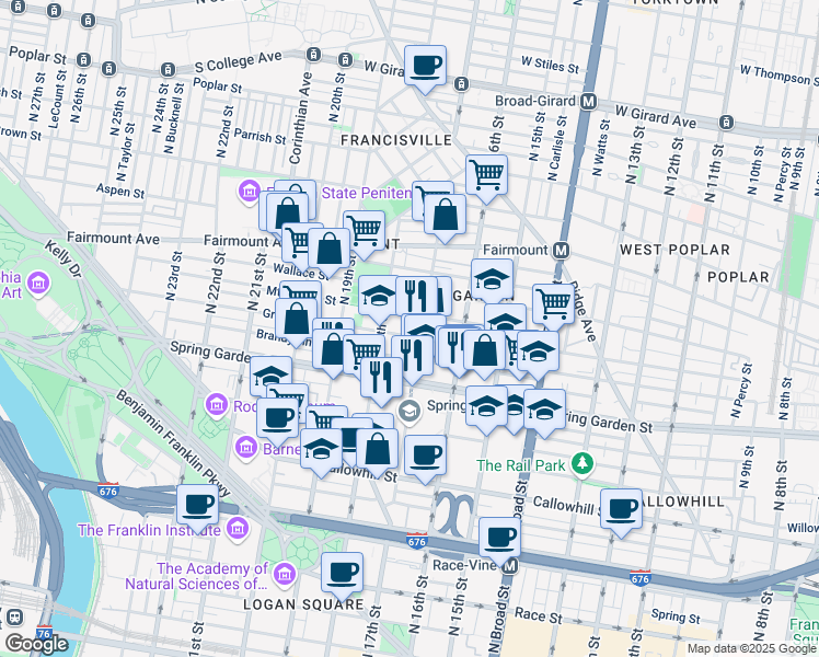 map of restaurants, bars, coffee shops, grocery stores, and more near 1705 Green Street in Philadelphia
