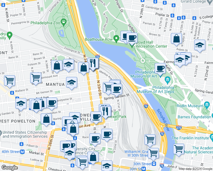 map of restaurants, bars, coffee shops, grocery stores, and more near in Philadelphia
