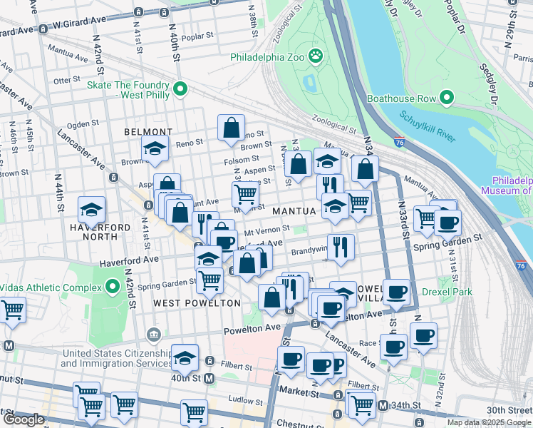 map of restaurants, bars, coffee shops, grocery stores, and more near 3824 Mount Vernon Street in Philadelphia